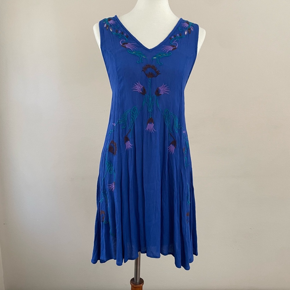 Free People Indigo Floral Embroidered Dress